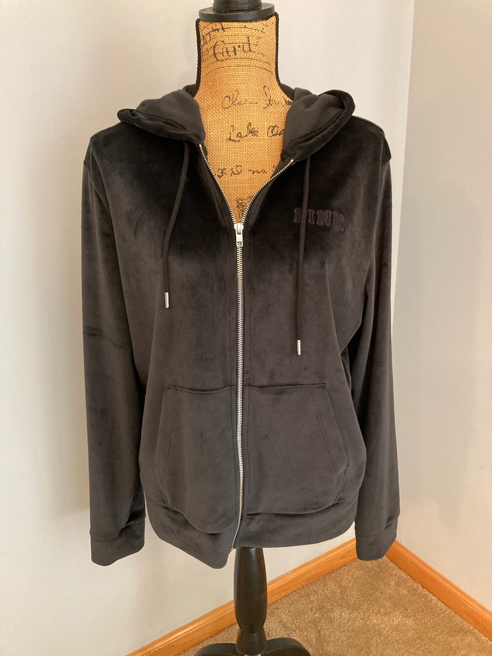PINK Victoria's Secret Black Velour Zipper Hoodie Women Size L
